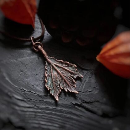 Copper Leaf Necklace with Green Patina – Electroformed Boho Botanical Pendant
