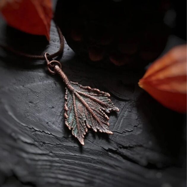 Copper Leaf Necklace with Green Patina – Electroformed Boho Botanical Pendant