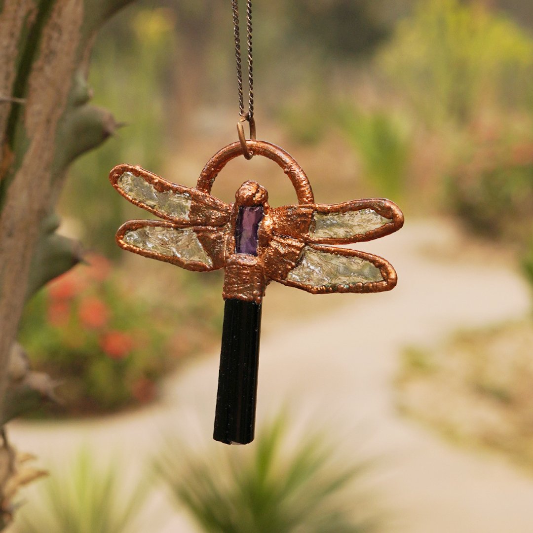 Dragonfly Pendant Sea Green Tourmaline or Amethyst