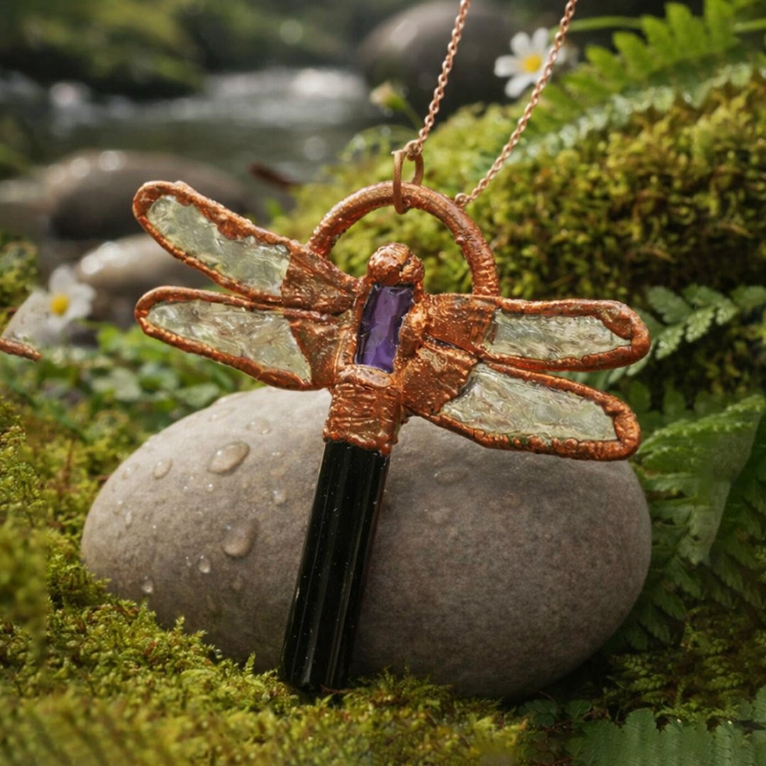 Dragonfly Pendant Sea Green Tourmaline or Amethyst - Image 2