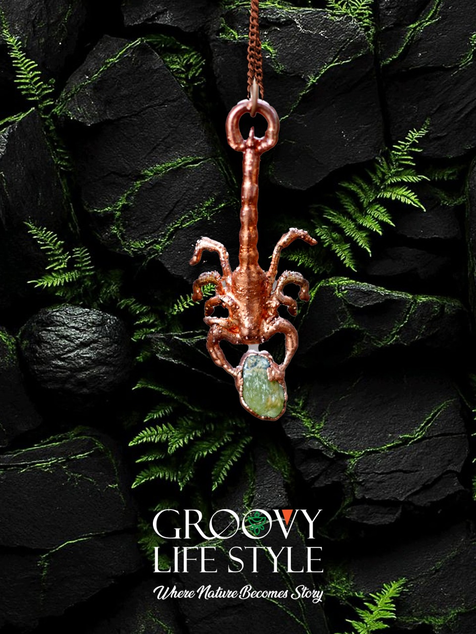 Scorpion Pendant — Peridot (Electroformed Copper)
